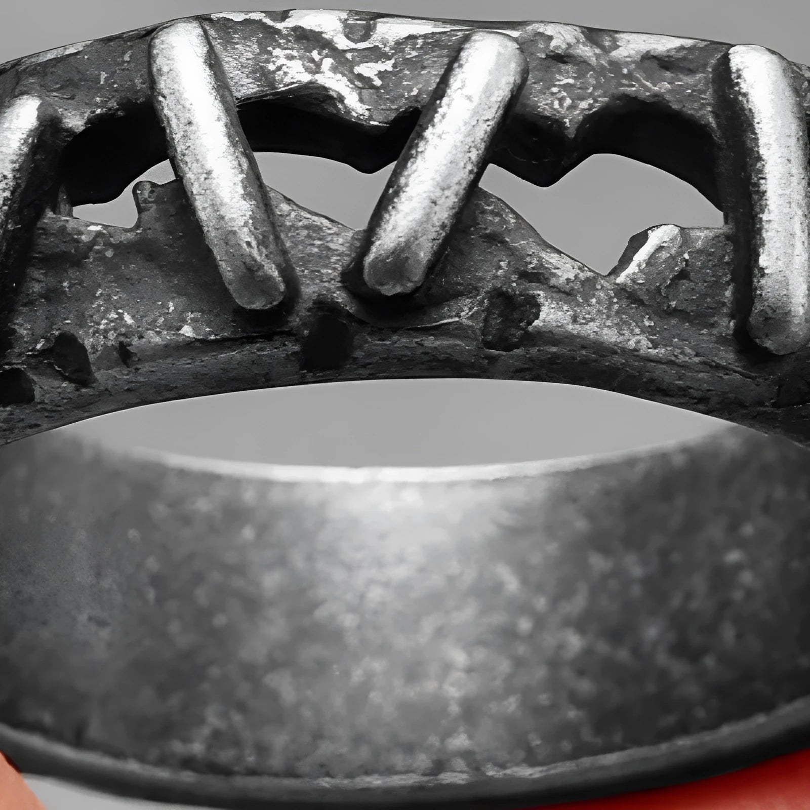 Dark stainless steel punk ring with double band and stitching decoration in gothic style