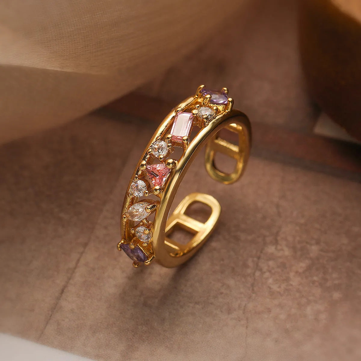 Women's gold plated geometric adjustable ring with zircon and pearl accents