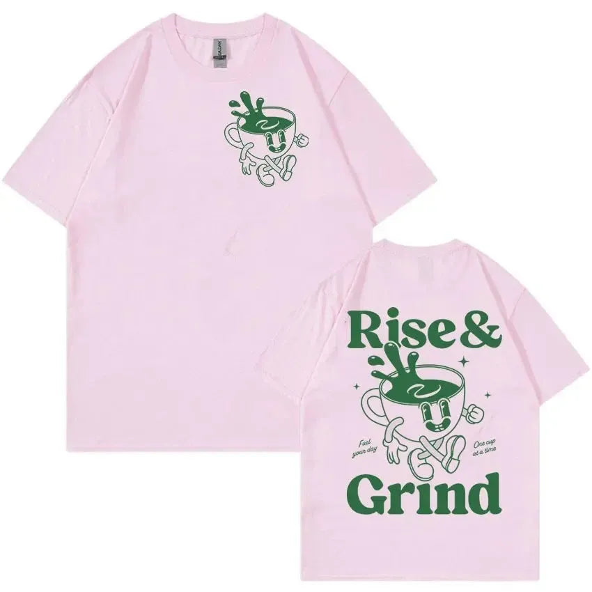 Loose fit linen T-shirt with green coffee bag cartoon print in multiple colour options
