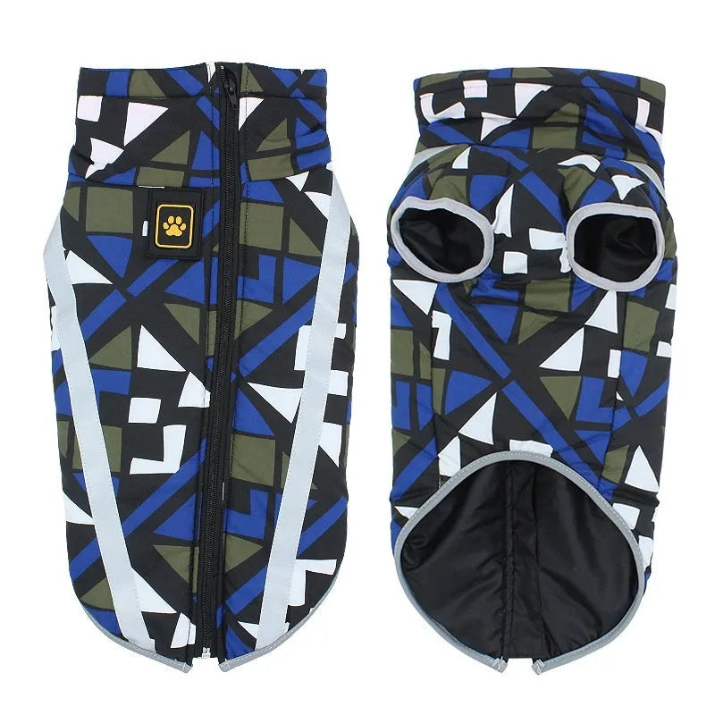 Thick reflective hardshell dog jacket in geometric pattern with European American styling