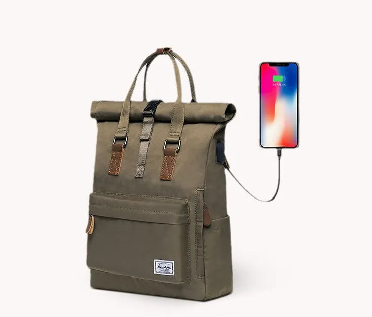 Casual polyester backpack showing interior computer pocket and zipper compartment