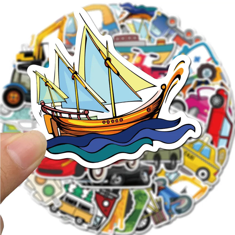 40 cartoon vehicle graffiti stickers including cars and excavators in a waterproof adhesive design