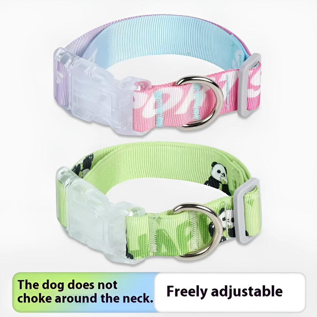 Adjustable nylon dog collar with cartoon gradient pattern in Panda Green, shown in S, M, L sizes