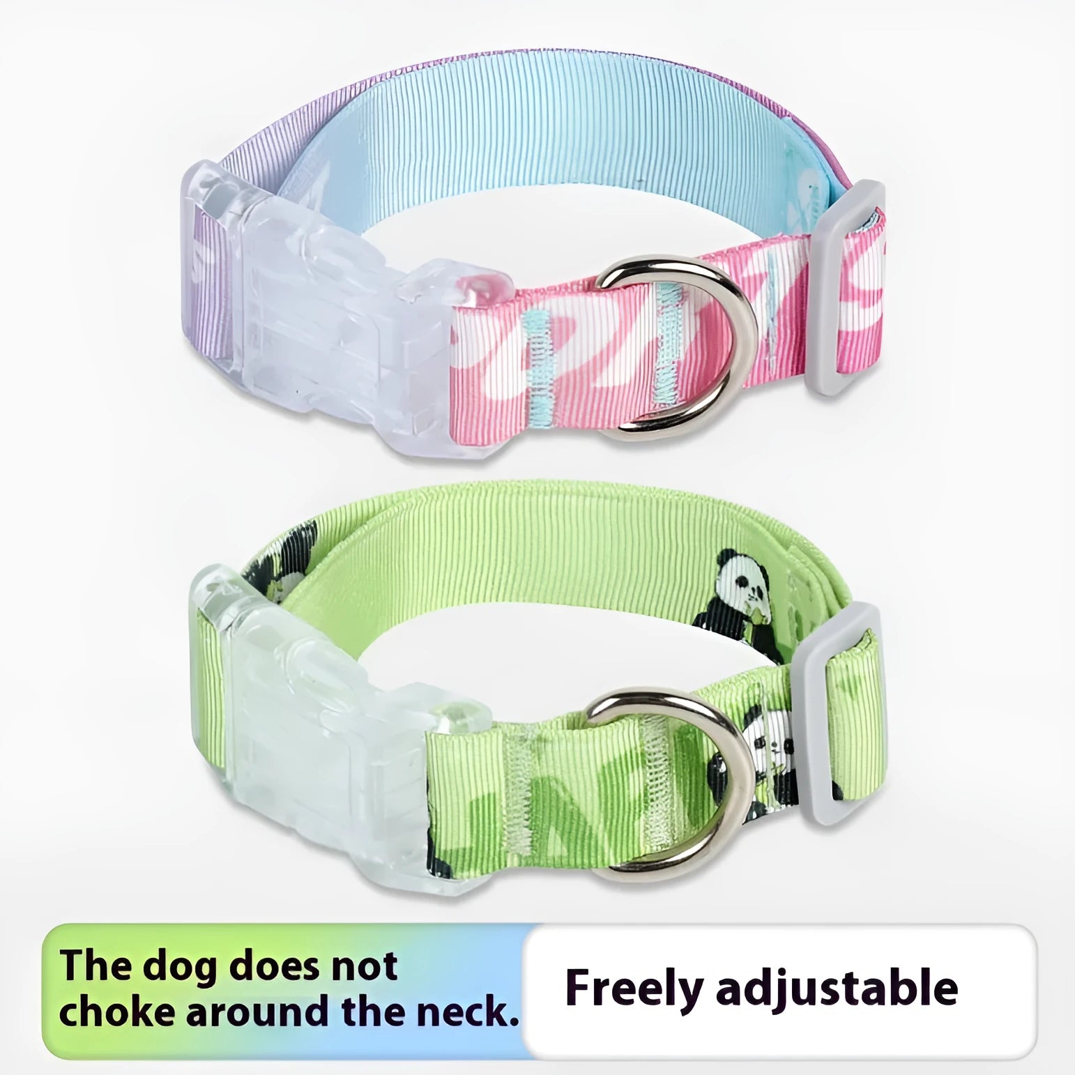 Adjustable nylon dog collar with cartoon gradient pattern in Panda Green, shown in S, M, L sizes