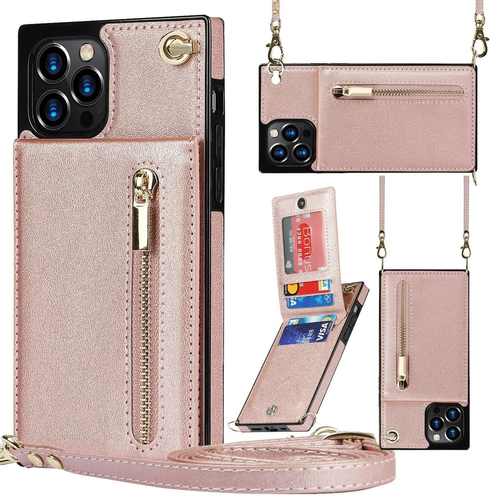 Black leather and TPU protective case fitted on a smartphone, showing precise cutouts for camera and ports.