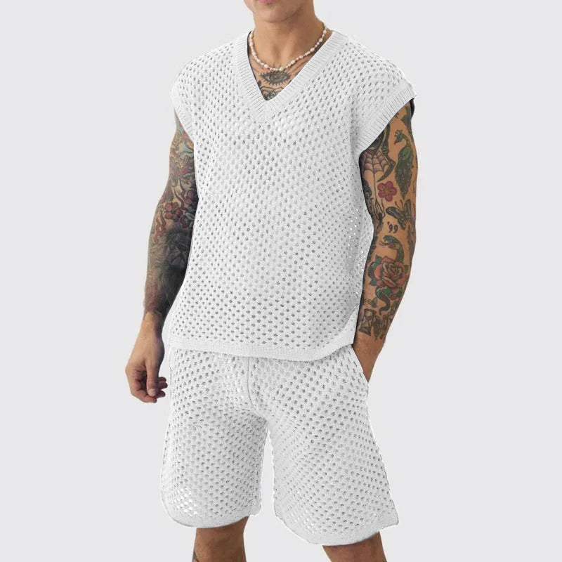 Men's blue knitted V-neck vest and matching shorts sports suit set on hanger