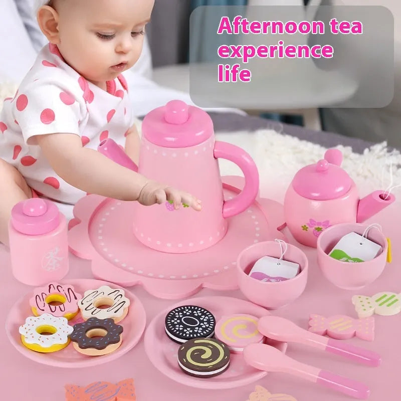 Wooden children's simulation afternoon teapot cup set with pink cookies and teapot for pretend play