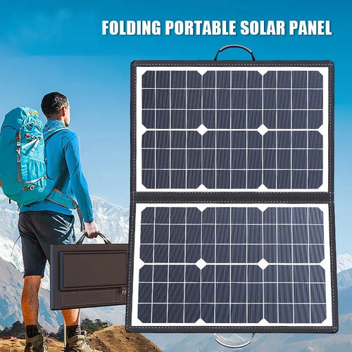 Black 40W portable solar folding panel showing folded dimensions of 425x285x8mm with single crystal cells