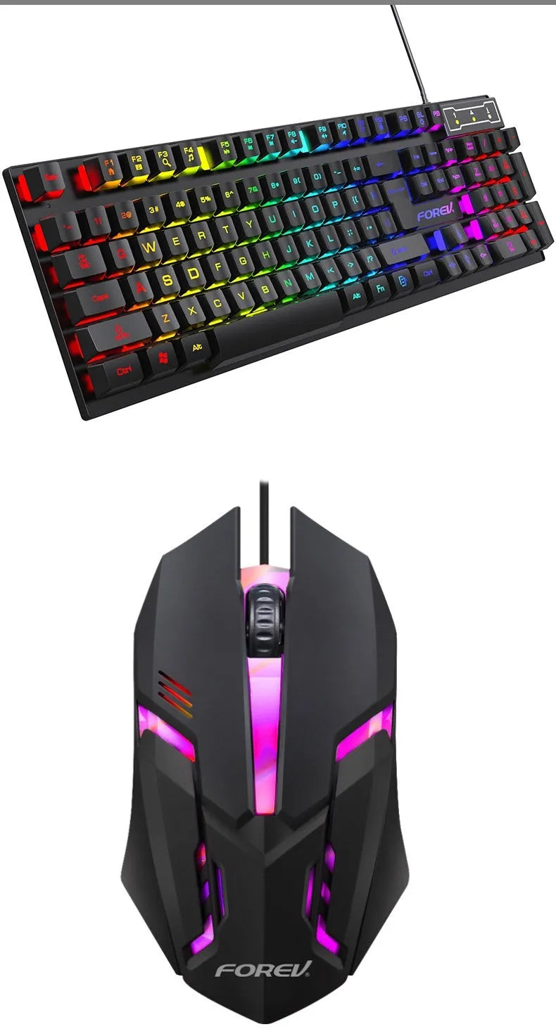 Black backlit gaming keyboard and mouse combo on desk with 104 keys