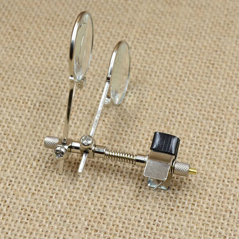 Metal bracket reading glasses double clip with glass lenses for attaching to spectacle frames.