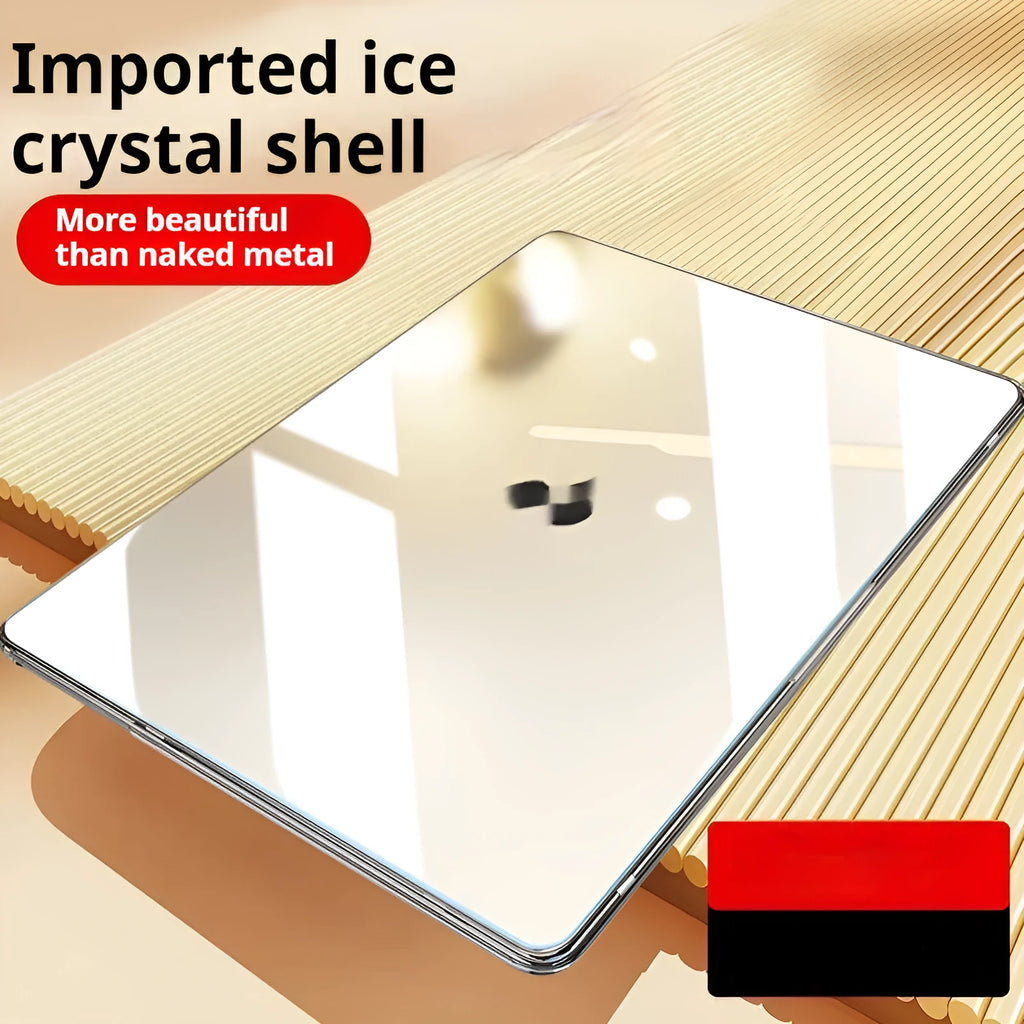Transparent plastic protective shell case for MacBook Air and Pro laptops on wooden surface