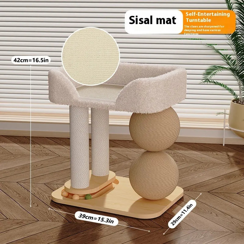 Pine wood cat nest with sisal scratching posts, double grasping balls, and summer sleeping mat