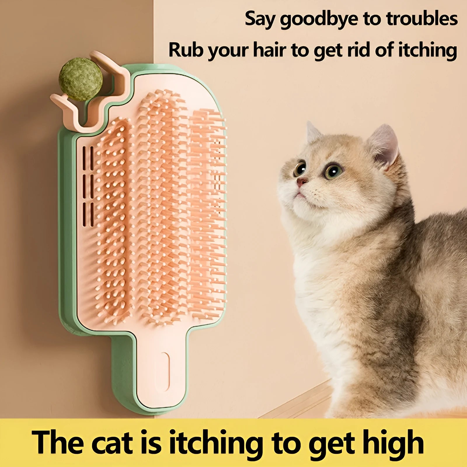 Cat self-grooming toy with textured rubbing corner, mint ball, and feather attachments on a blue background