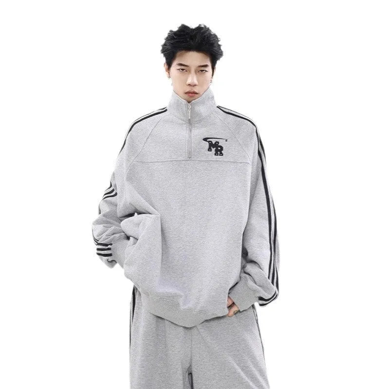 Black American retro stand collar polyester hoodie for men, Hong Kong style, shown in size L.