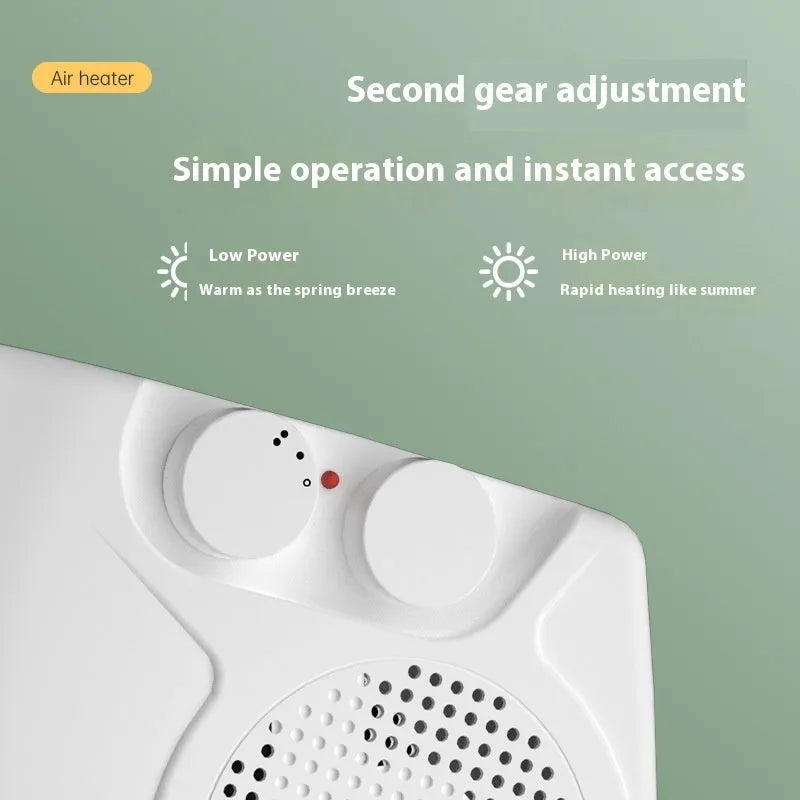 White compact ceramic electric heater on desktop with adjustable power settings and quiet operation