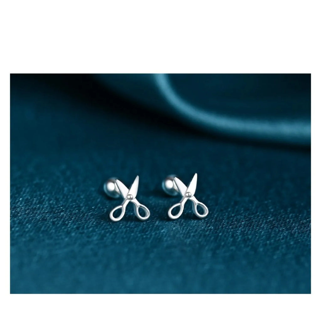 Pure silver ear nail screws with miniature scissor charm and screw-back fastening