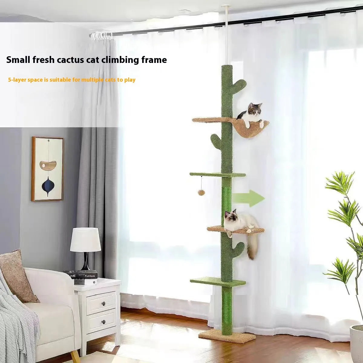 Cactus design cat tree climbing frame with integrated scratch board and toy