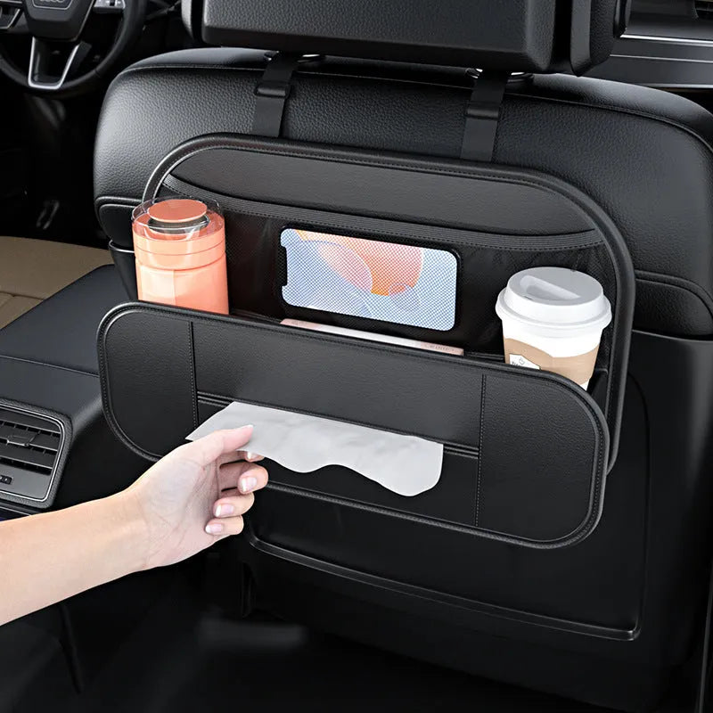 Black leather car seat rear storage bag showing dimensions and customisable pockets.