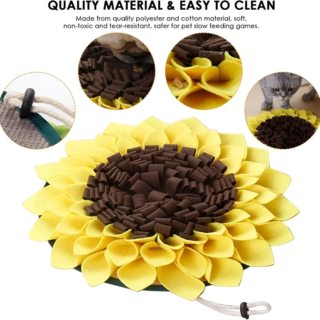 Yellow sunflower snuffle mat for dog nosework training with rope attachment