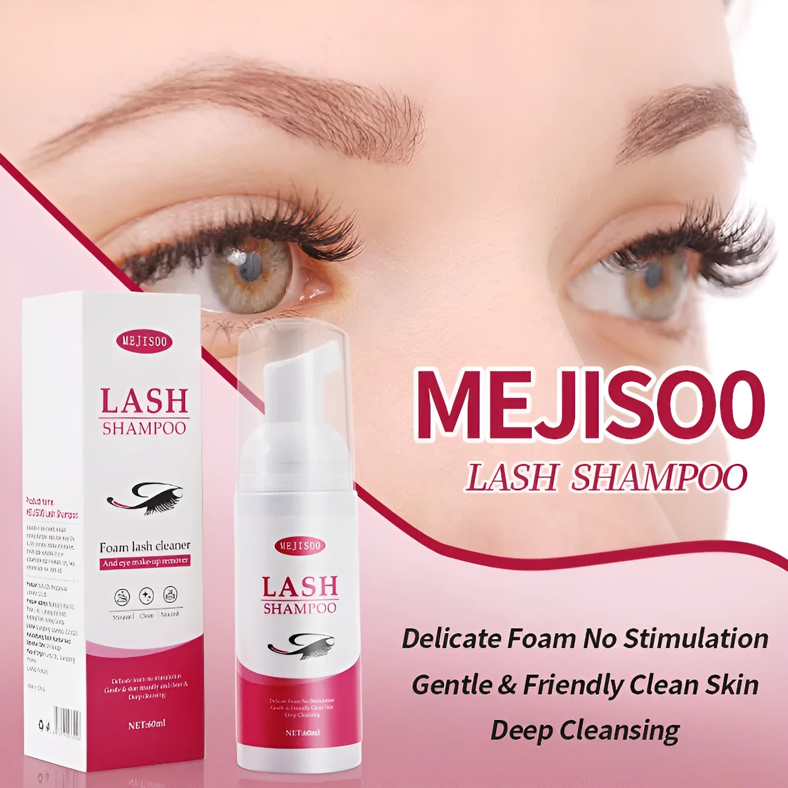 60ml bottle of lash shampoo mousse eyelash cleaning solution for removing extensions.