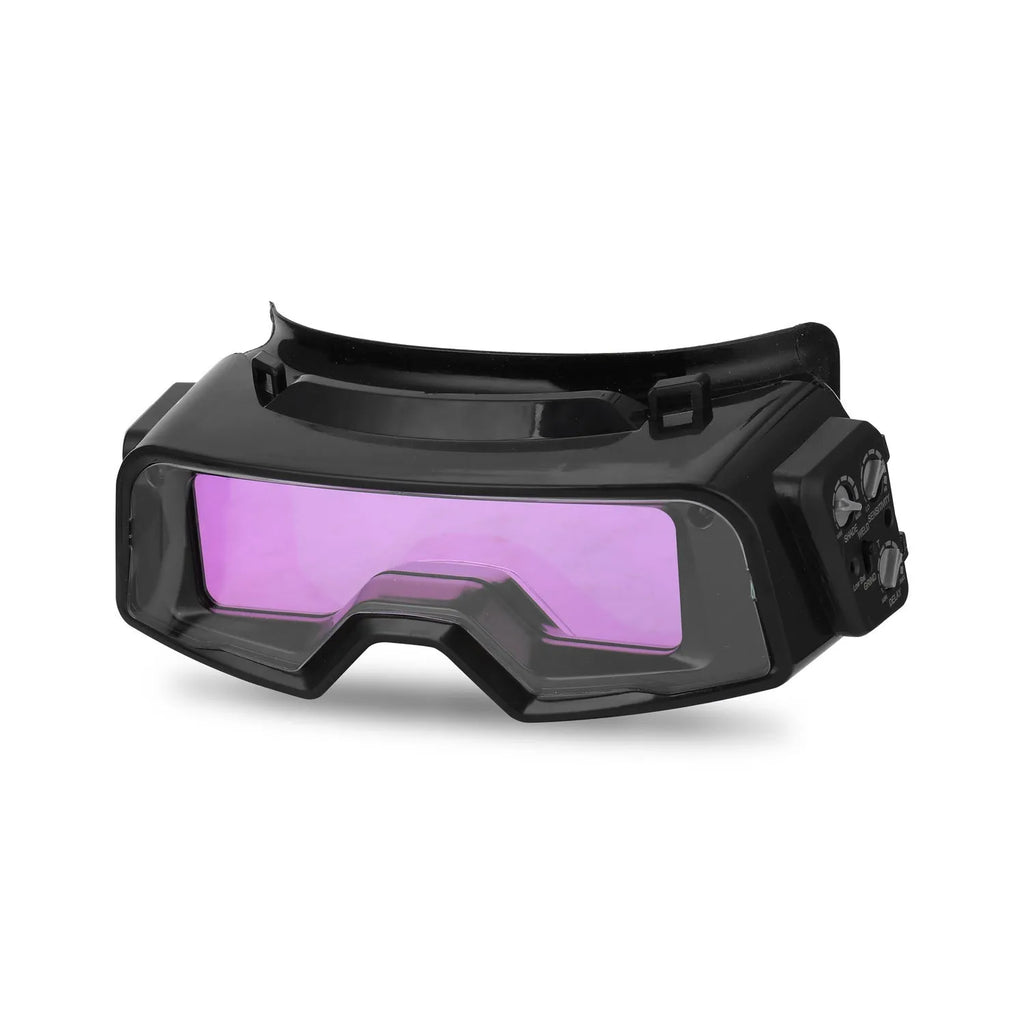 Black automatic darkening welding mask with large viewing lens and head strap.