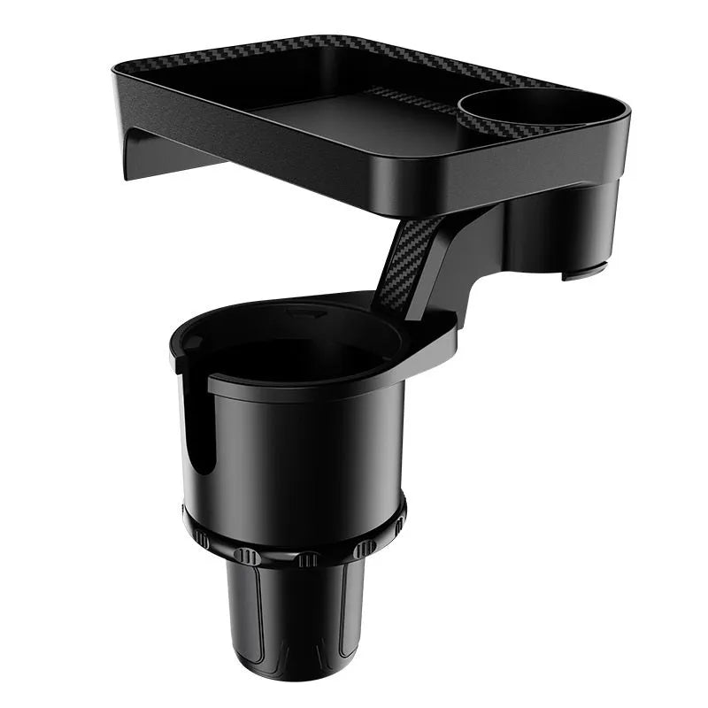 Black car-mounted rotating dinner tray holder showing 360-degree rotation mechanism