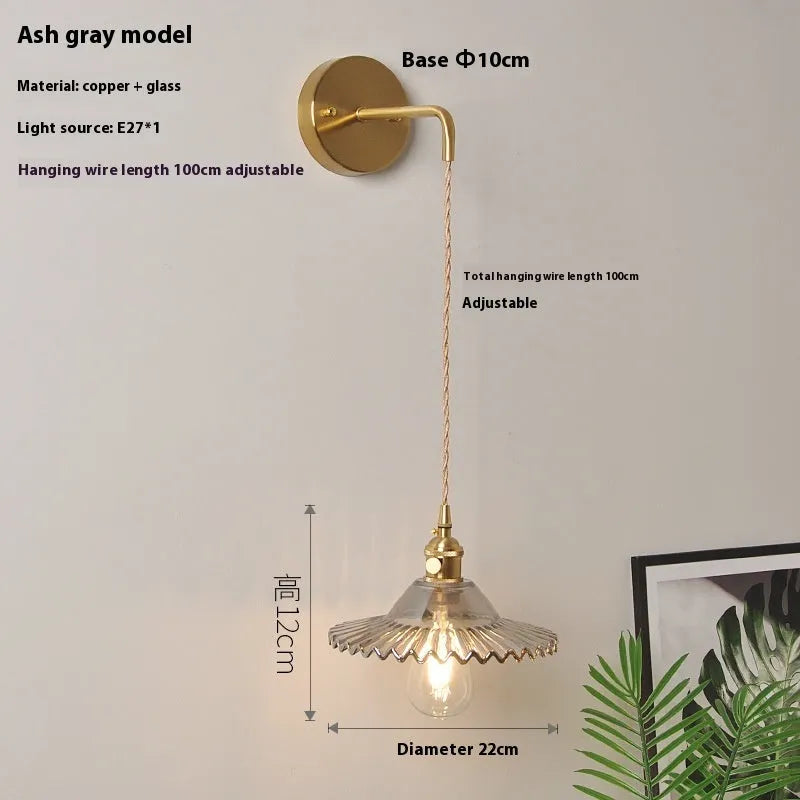Retro brass lotus wall lamp with glass shade in six colour options