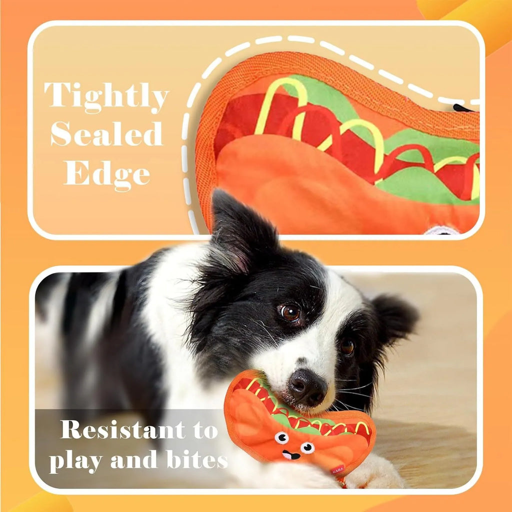 Food-themed crinkle squeaky dog toys in burger, fries, hot dog, and pizza designs for interactive play