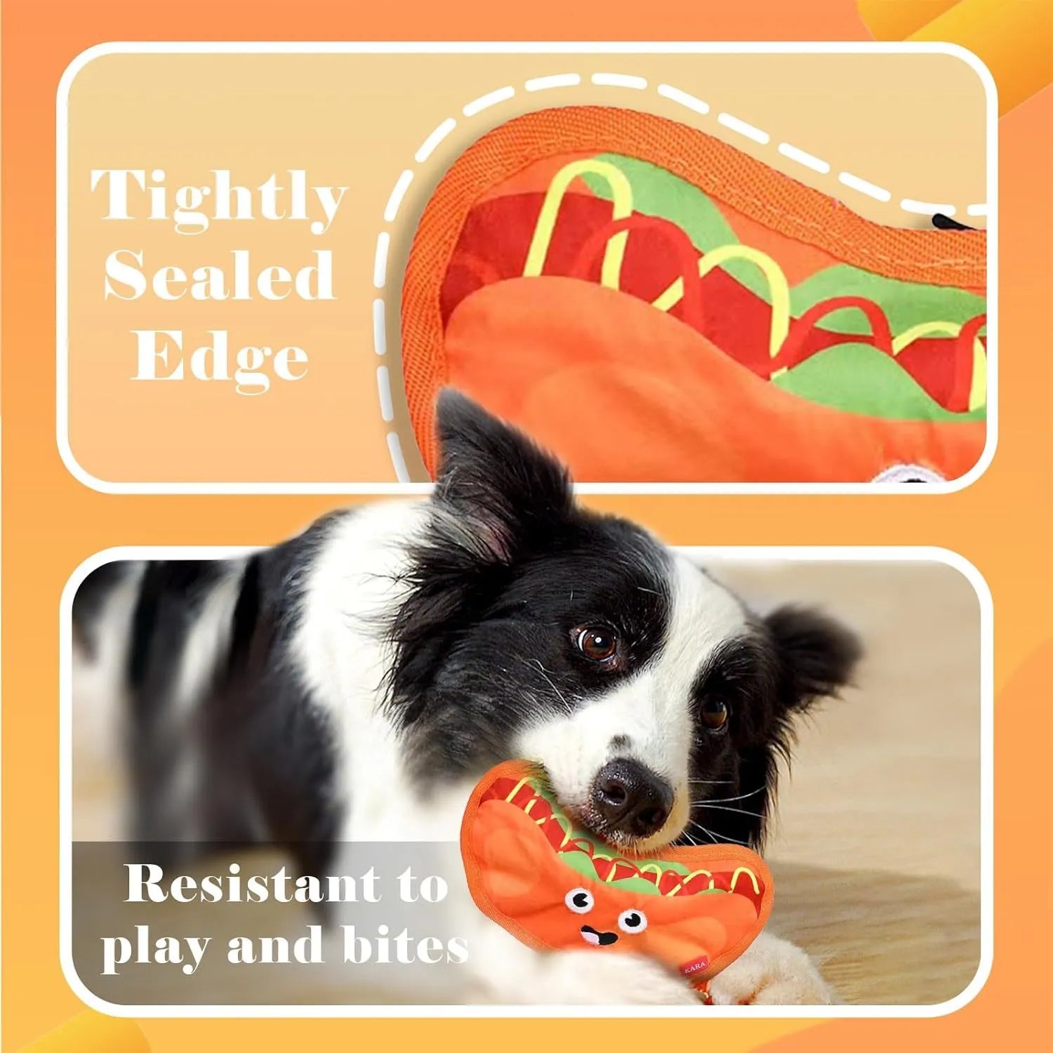 Food-themed crinkle squeaky dog toys in burger, fries, hot dog, and pizza designs for interactive play