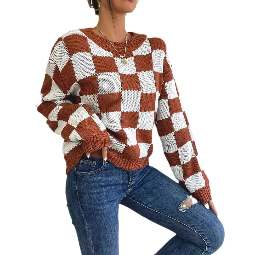 Dark brown plaid pattern acrylic pullover sweater with long sleeves and round neck