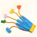 Yellow and blue plush cat toy shaped like a glove with a bell and a long trailer.