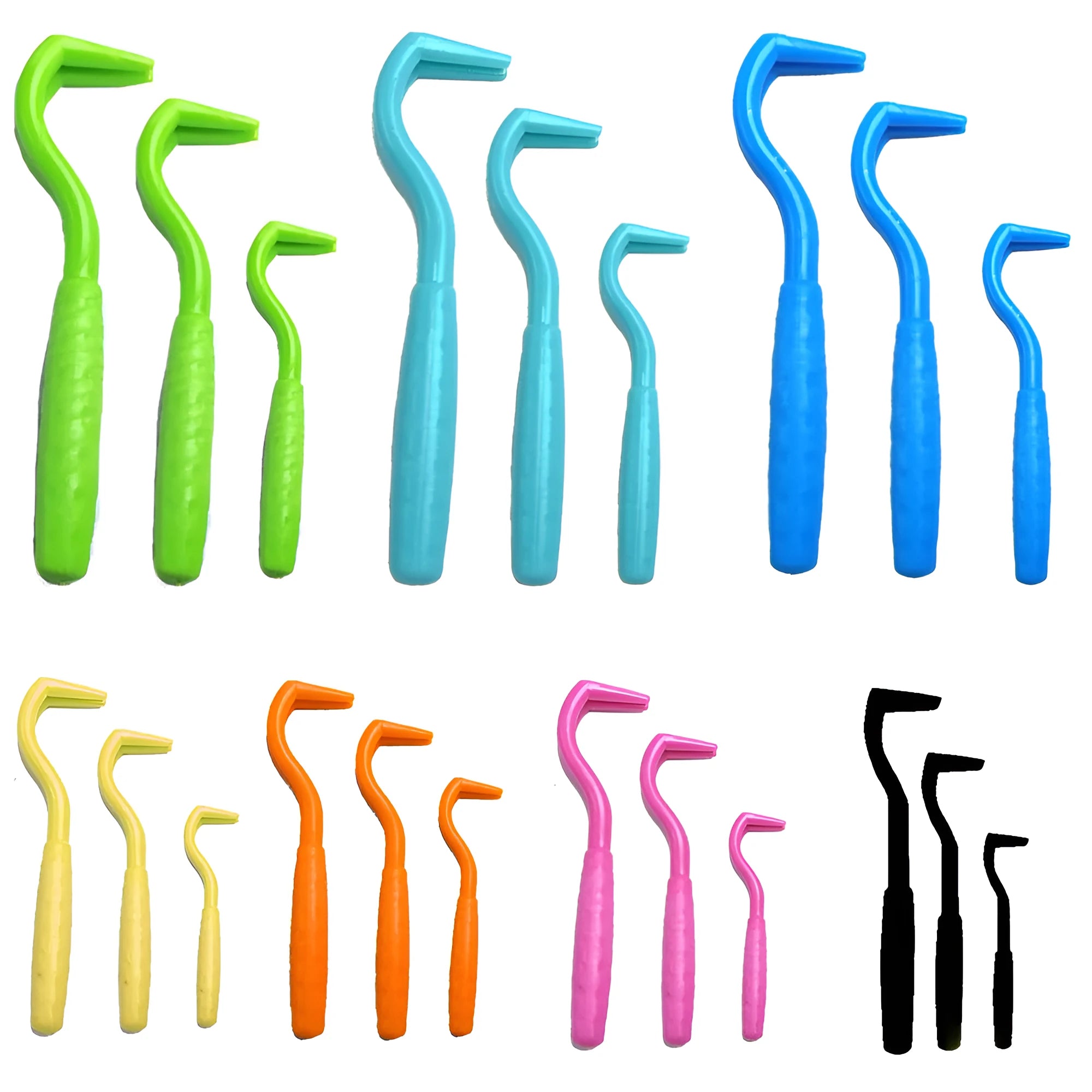 Set of three coloured plastic tick removal hooks for dogs on white background