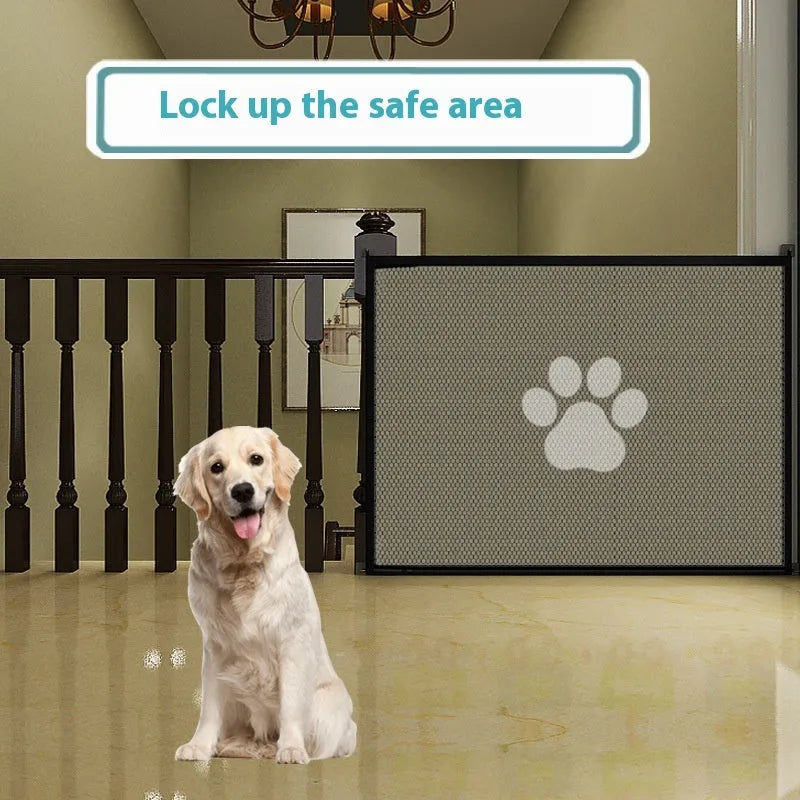 Portable folding dog barrier net fence with plastic rods in pet doorsill design