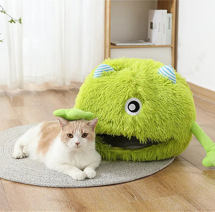 Fluffy round plush cat bed on a floor, shown in small, medium, and large sizes.