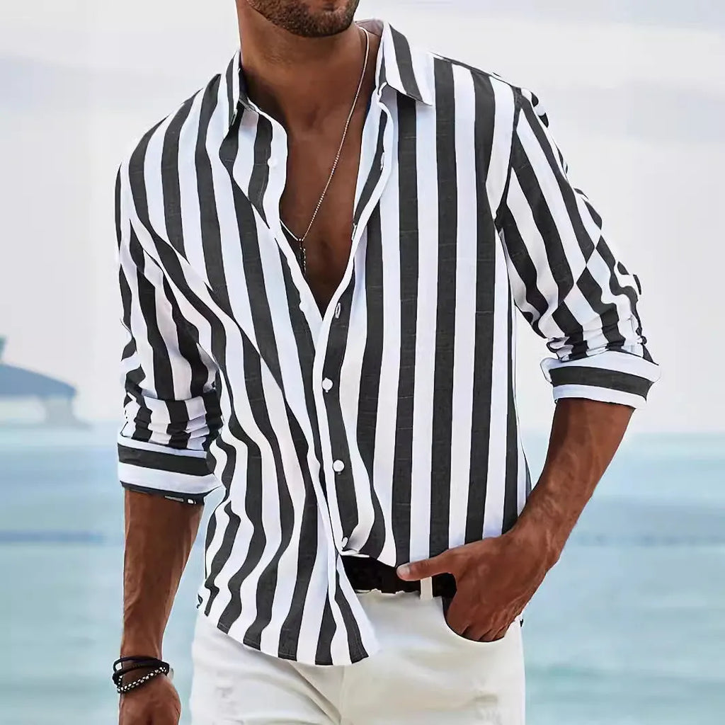 Men's yarn-dyed striped casual shirt in British cardigan style with loose fit and long sleeves