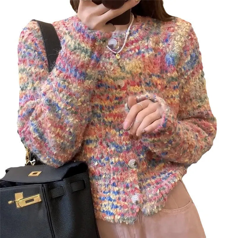 Rainbow knitted cardigan sweater in gentle idle style with slim fit and free size