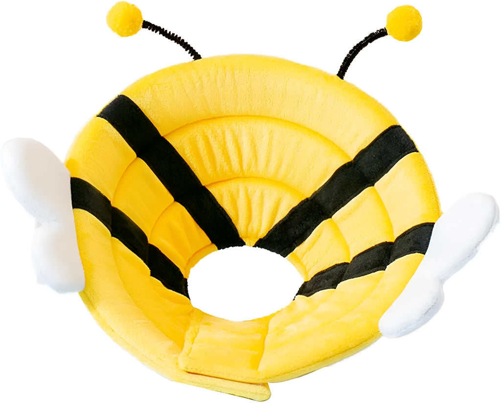 Soft fabric cat cone collar with bee design showing adjustable velcro closure