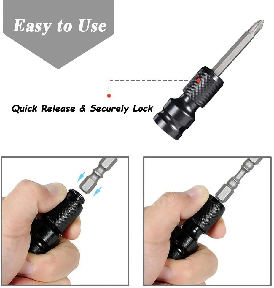 Scaling bit holder with telescopic sleeve showing square turn hexagonal handle and cross-over bit compatibility