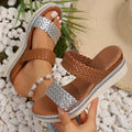 Women's gold wedge sandals with adjustable ankle strap showing PU leather construction and rubber sole