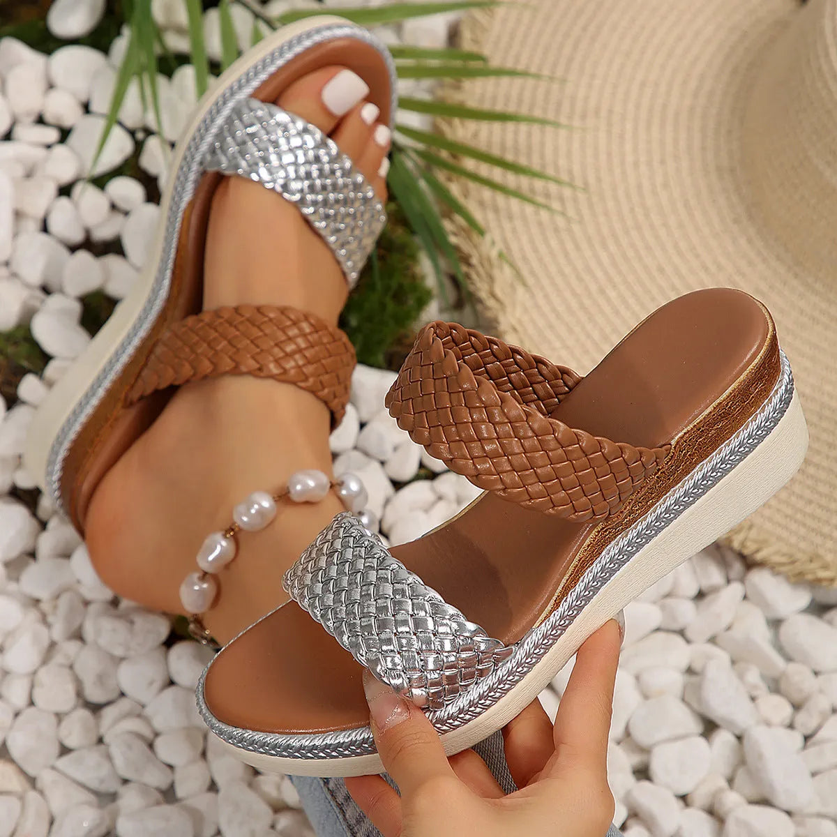 Women's gold wedge sandals with adjustable ankle strap showing PU leather construction and rubber sole