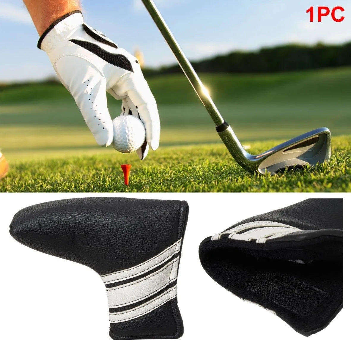Black PU leather golf club head cover, a protective push rod sleeve.