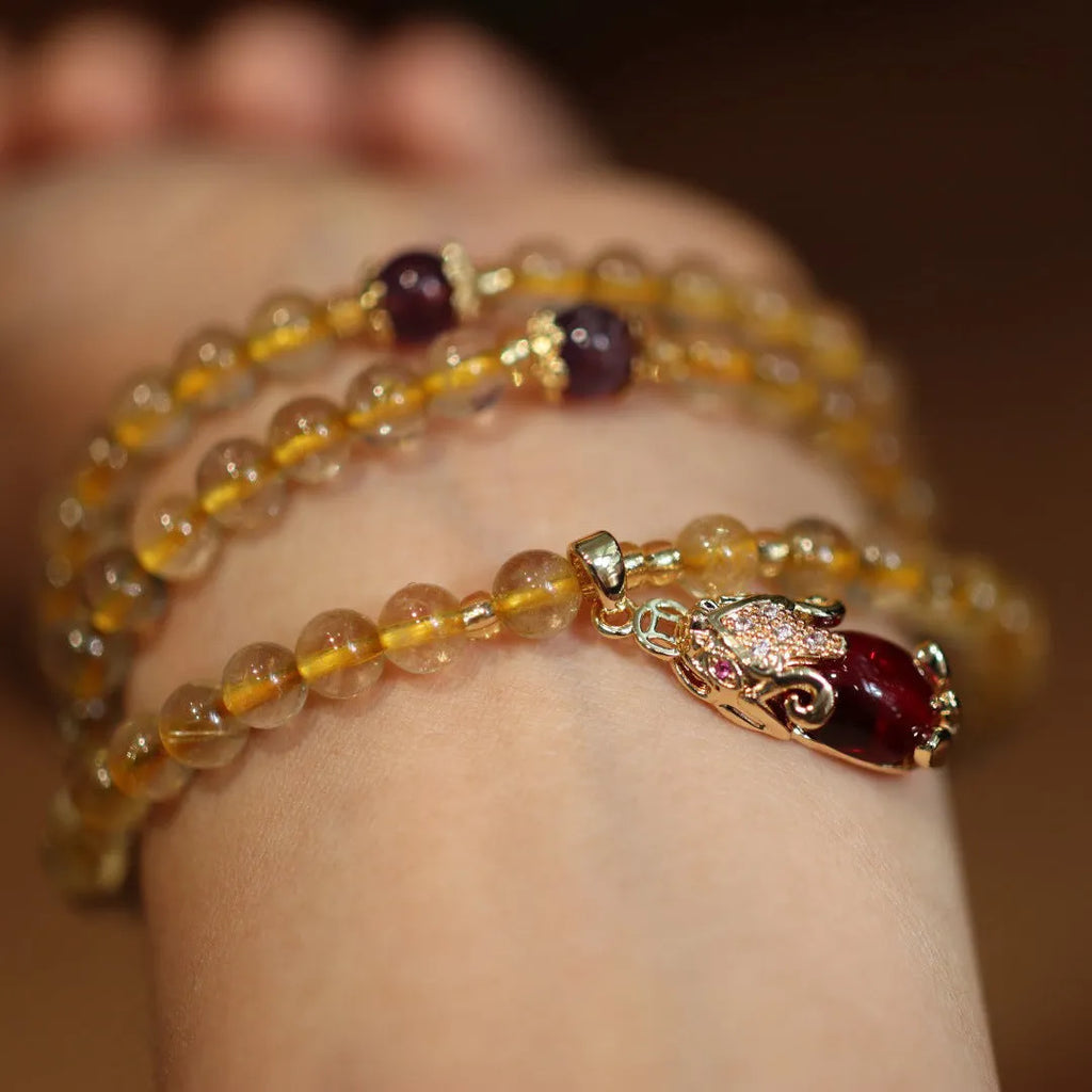 Natural Brazil gold rutilated quartz bracelet with three circles design and Chinese style
