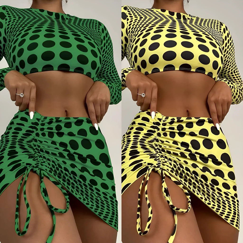 Green polka dot women's three-piece swimsuit set showing bikini top, skirt, and bra.