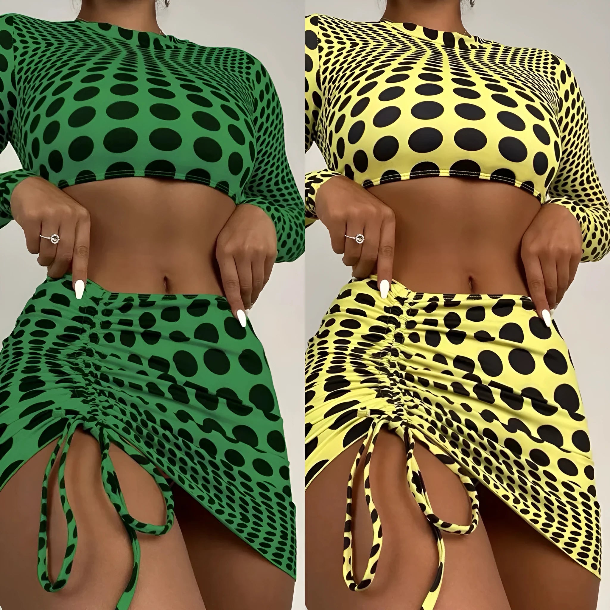 Green polka dot women's three-piece swimsuit set showing bikini top, skirt, and bra.