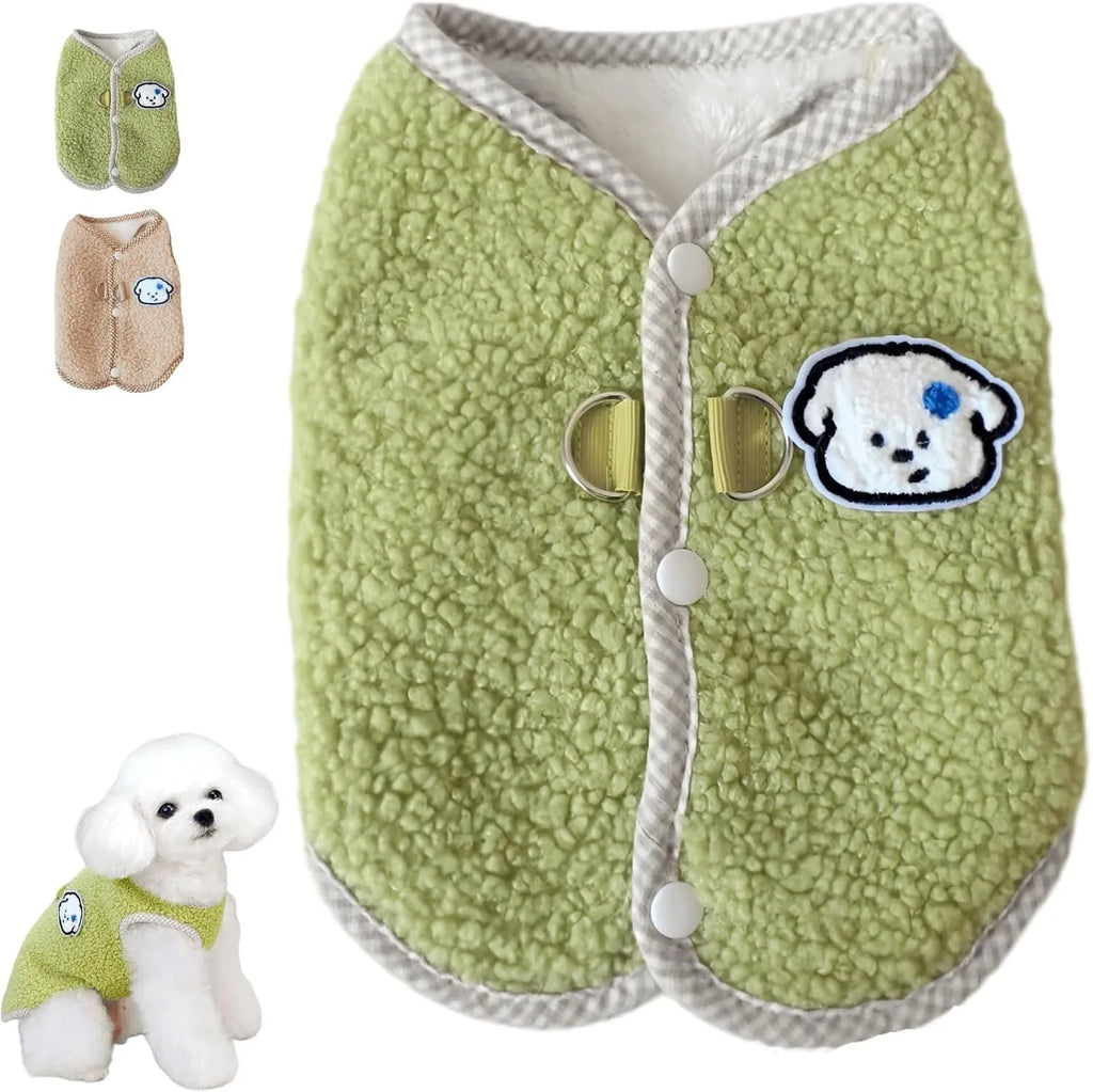 Green thickened coral fleece dog sweatshirt vest with a leash ring on a small dog.