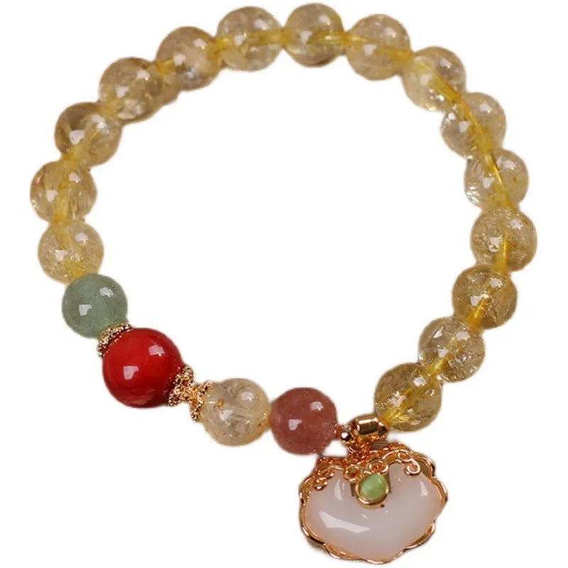 Yellow hair crystal jade ruyi pendant bracelet with natural citrine stones in alloy setting