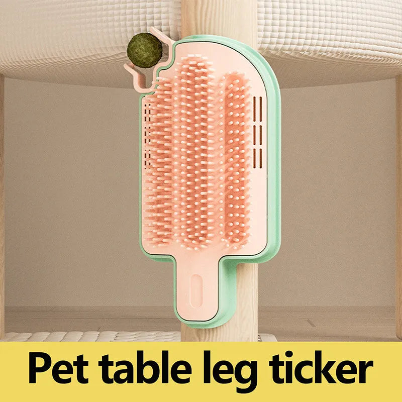 Cat self-grooming toy with textured rubbing corner, mint ball, and feather attachments on a blue background