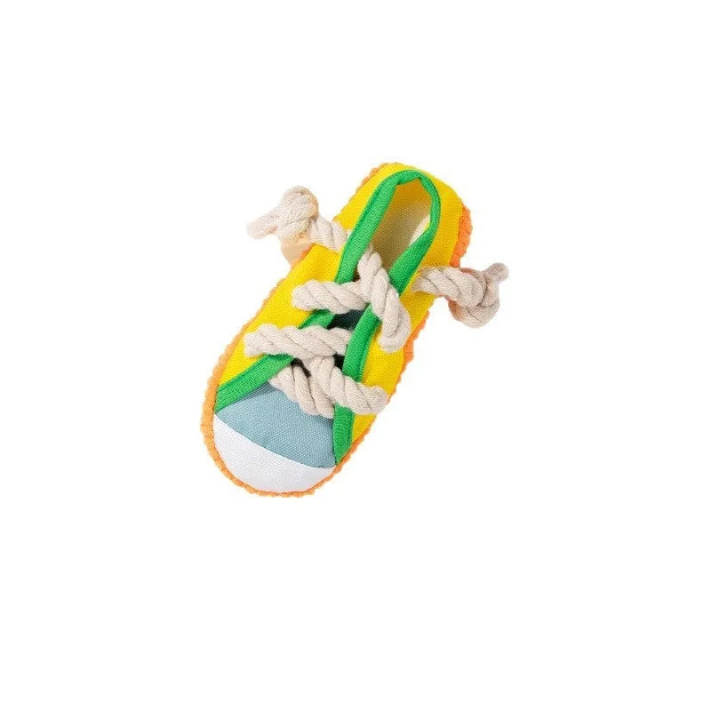Plastic dog slippers chew toy with squeaker in yellow, black or blue colours