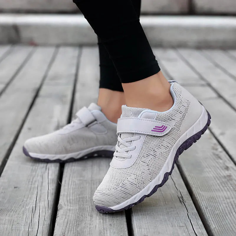 Women's grey purple wedge heel shoes with velcro strap and mesh upper