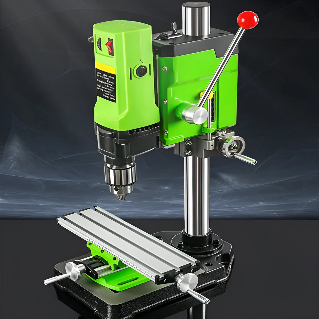 Mini bench drill and milling machine with heavy-duty cross bench pliers on workshop bench